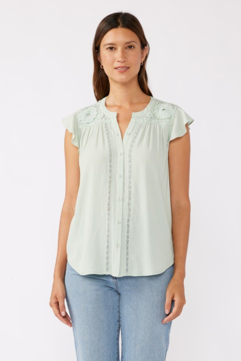 Short Flutter Sleeve Button Down Embroidered Top Mint