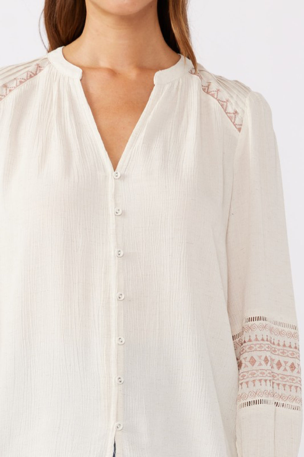 Long Sleeve Embroidered Button Down Top Taupe