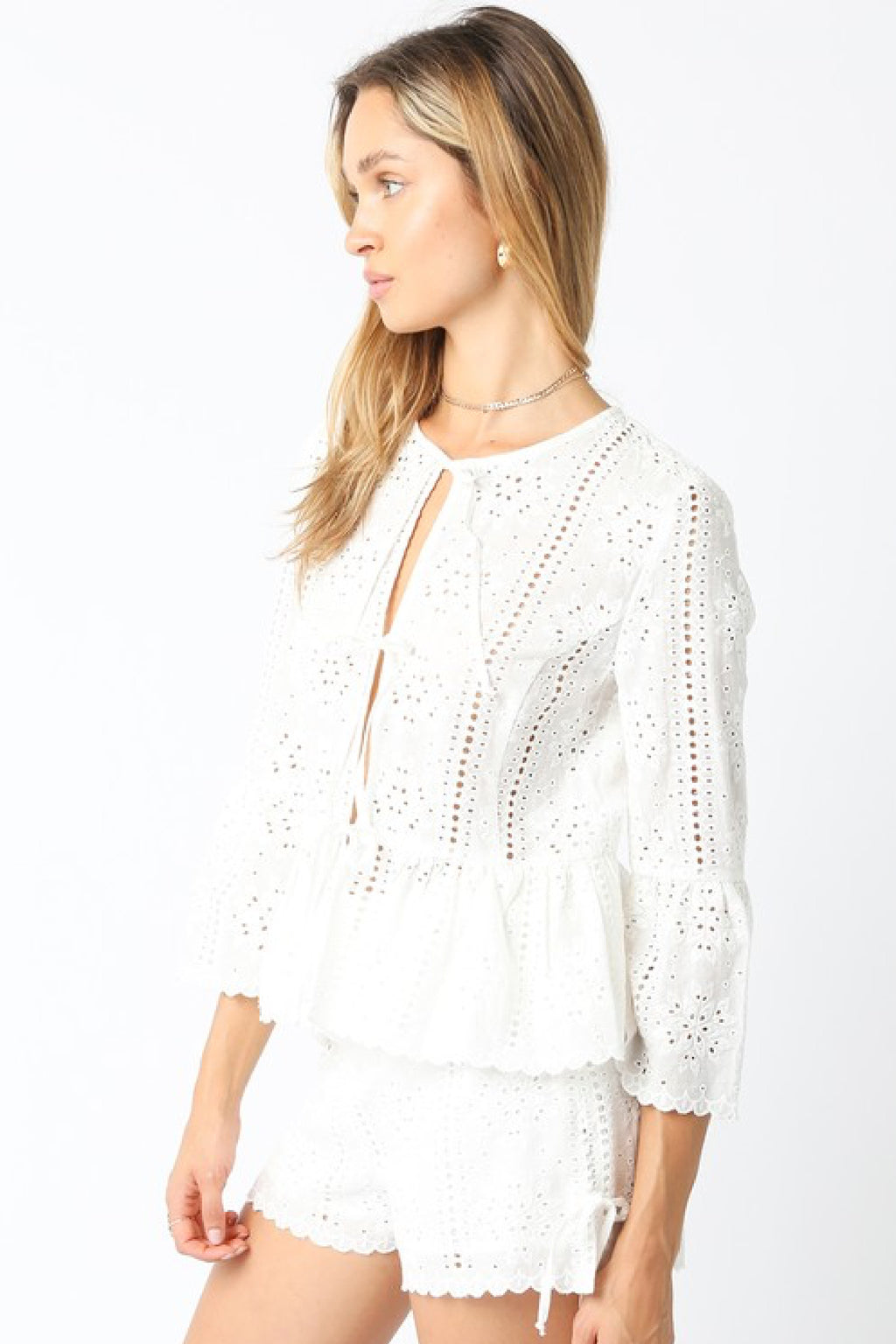 3/4 Ruffle Sleeve Front Tie Eyelet Top White