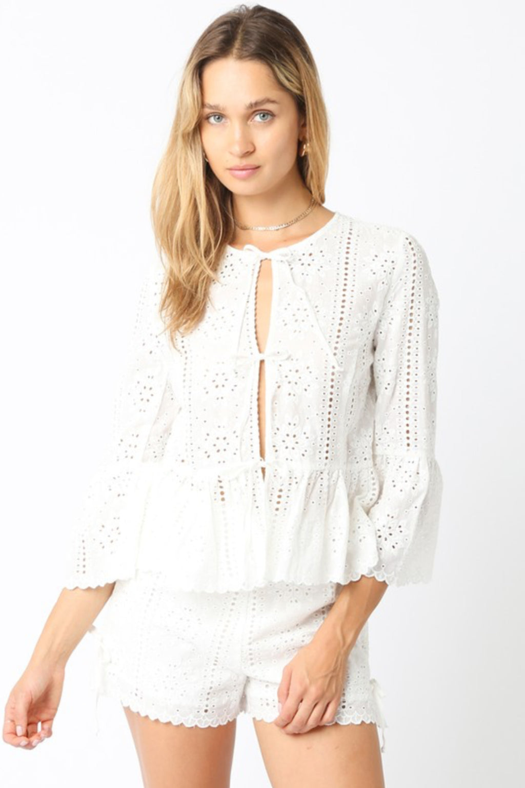 3/4 Ruffle Sleeve Front Tie Eyelet Top White