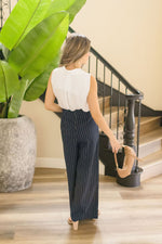 High Waist Stripe Print Wide Leg Pants Navy