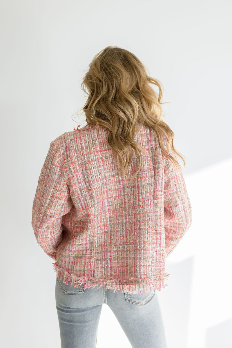 Long Sleeve Tweed Jacket Pink