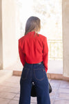  Long Sleeve Notched Lapel Crop Blazer Red