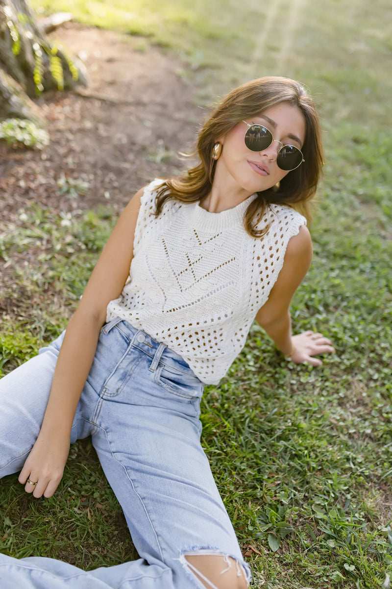 Sleeveless Crochet Knit Sweater Top Taupe