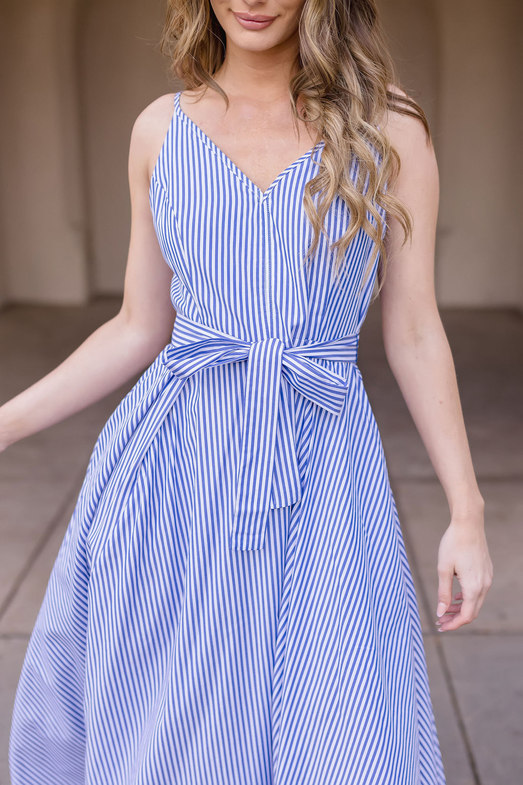 Sleeveless Stripe Print Waist Tie Maxi Dress Blue