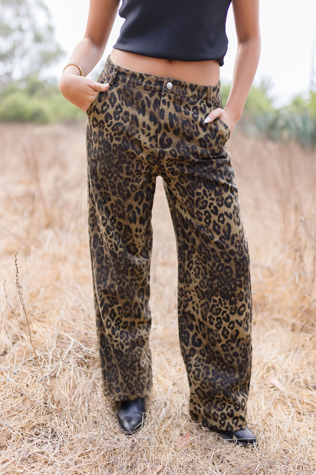 Mid Rise Leopard Print Denim Pants Brown