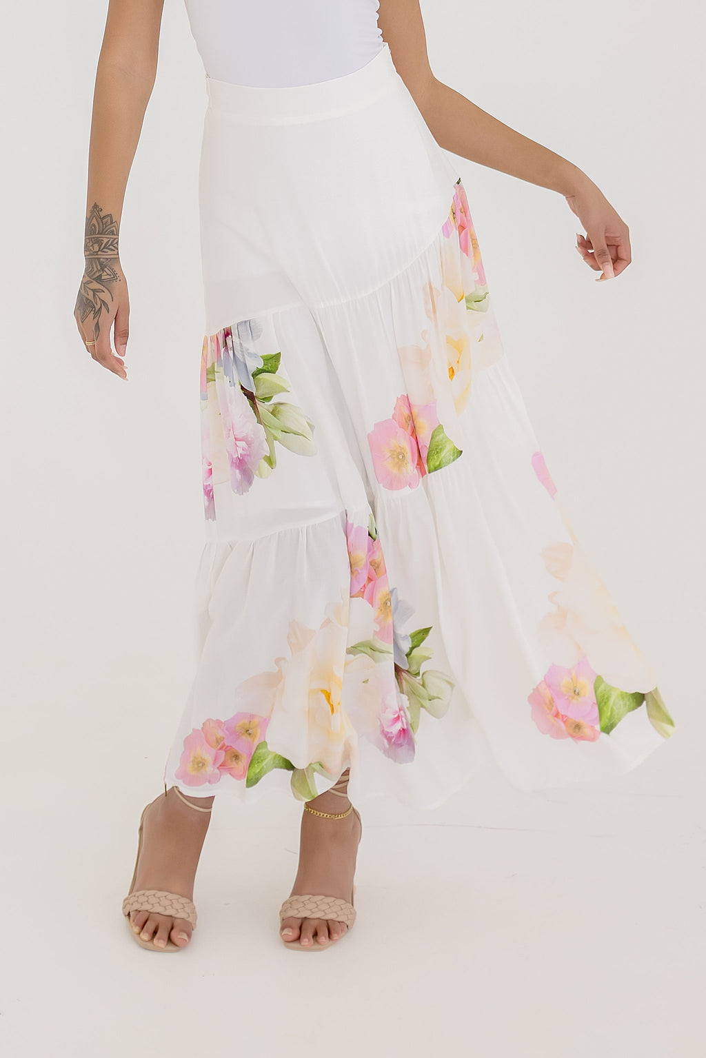 High Waist Tie Floral Print Maxi Skirt White