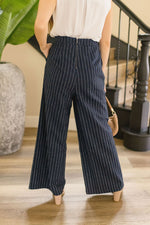 High Waist Stripe Print Wide Leg Pants Navy