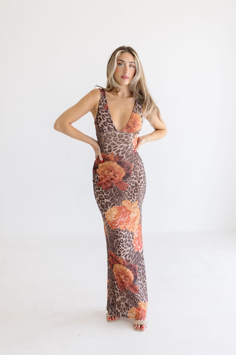 Sleeveless Leopard Floral Print Maxi Dress Brown