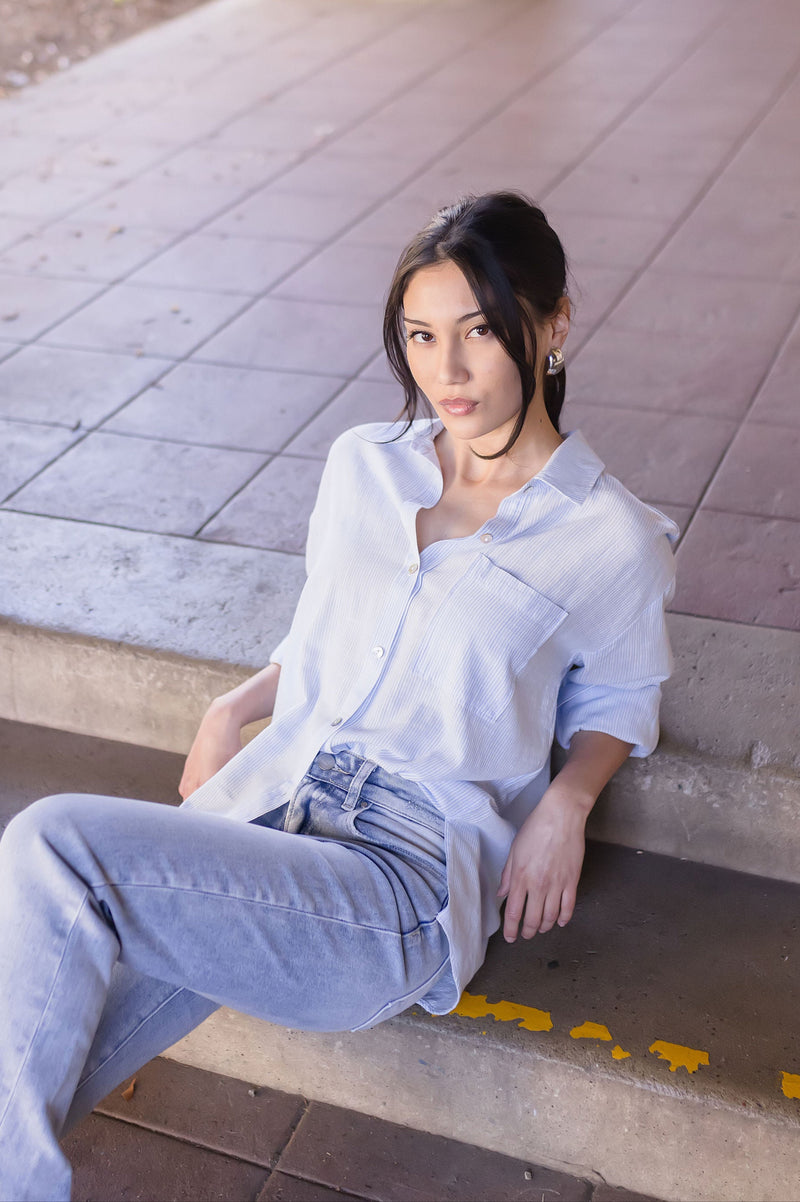  Long Sleeve Stripe Print Button Down Top Light Blue