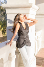 Sleeveless Linen Button Down Vest Top Black