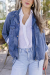 Long Sleeve Drawstring Utility Denim Jacket Medium Wash