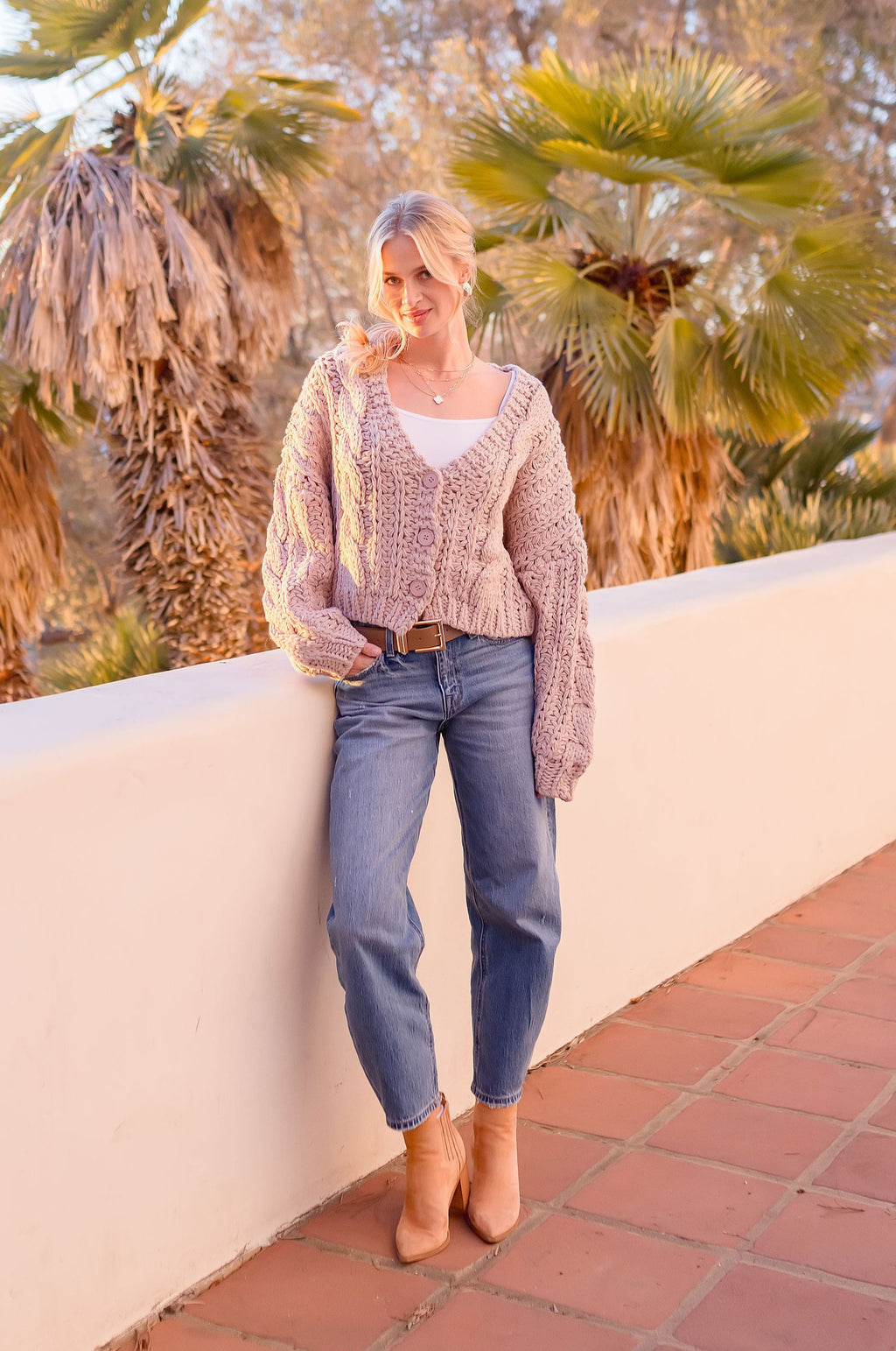 Long Sleeve Cable Knit Button Down Cardigan Mauve