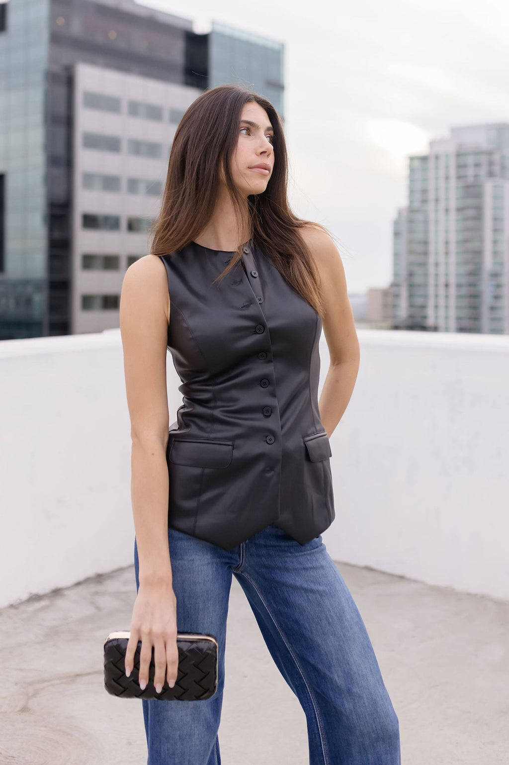 Sleeveless Vegan Leather Button Down Vest Black