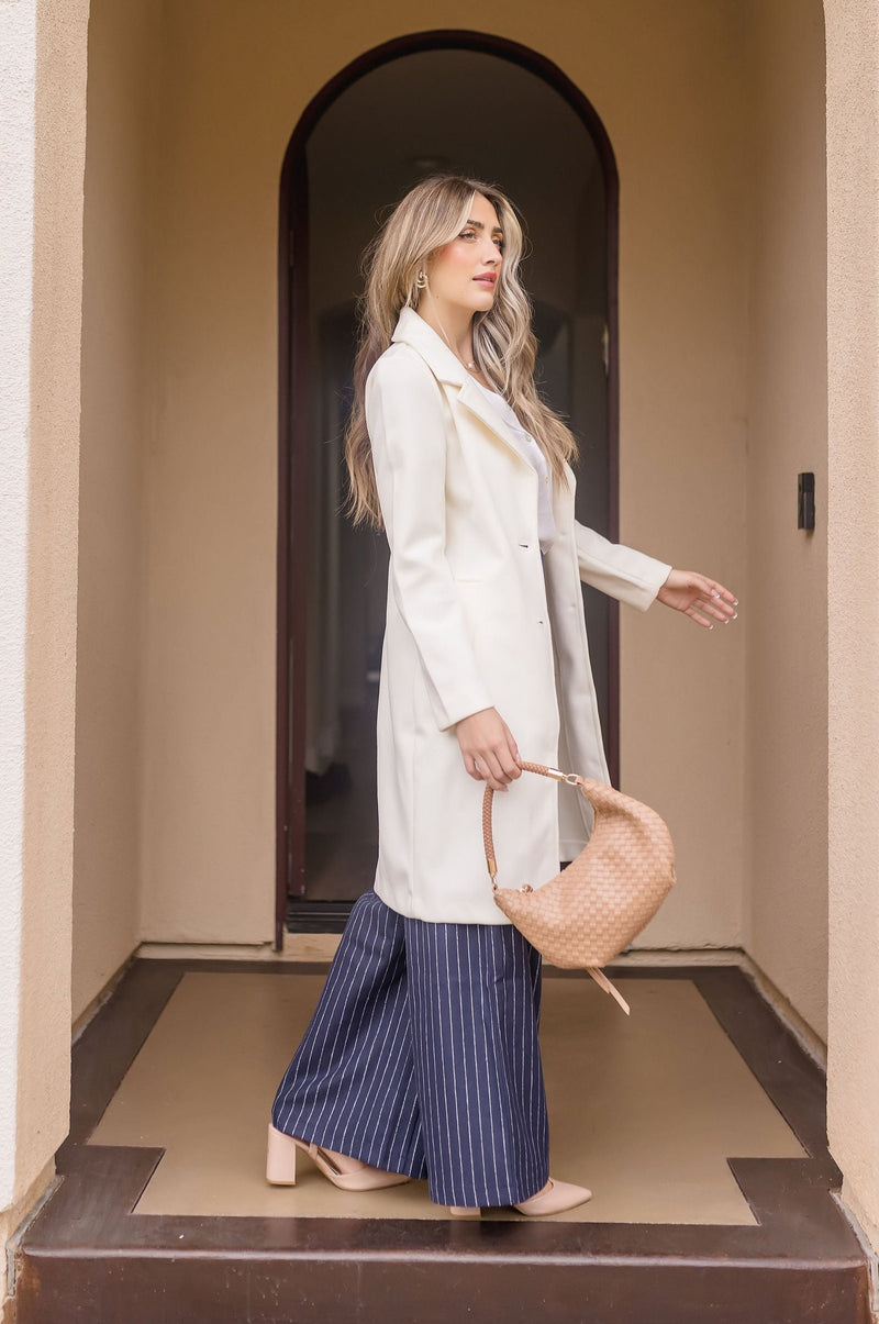  Long Sleeve Notched Lapel Long Coat Ivory