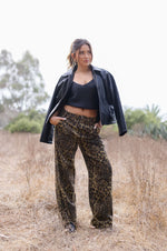 Mid Rise Leopard Print Denim Pants Brown