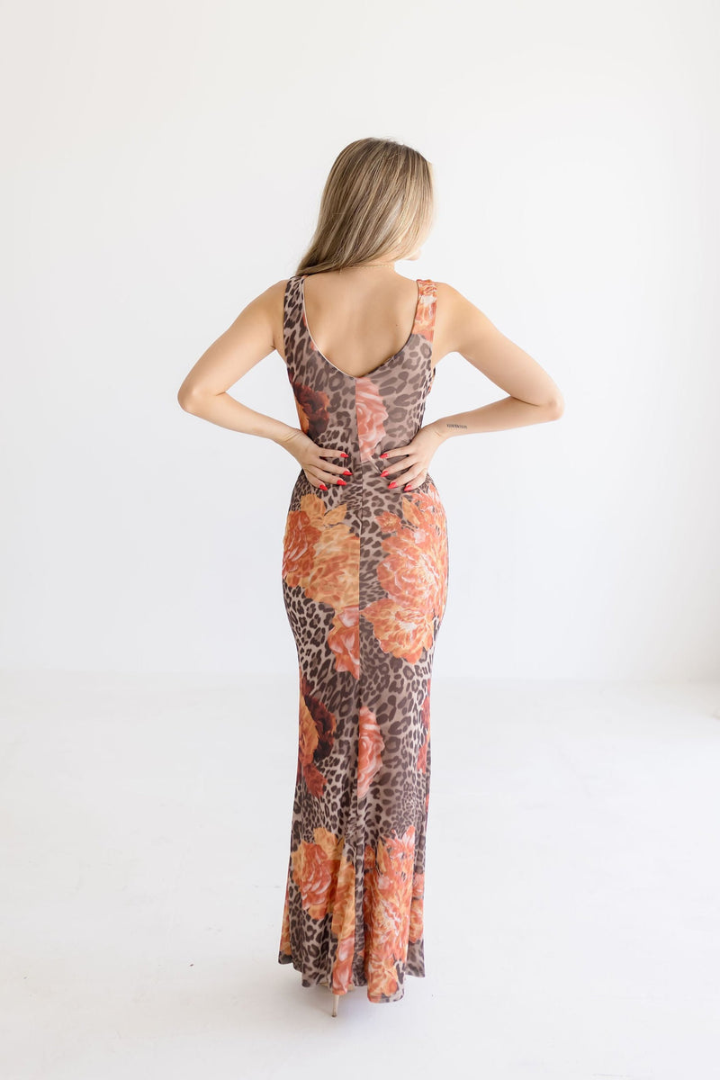 Sleeveless Leopard Floral Print Maxi Dress Brown