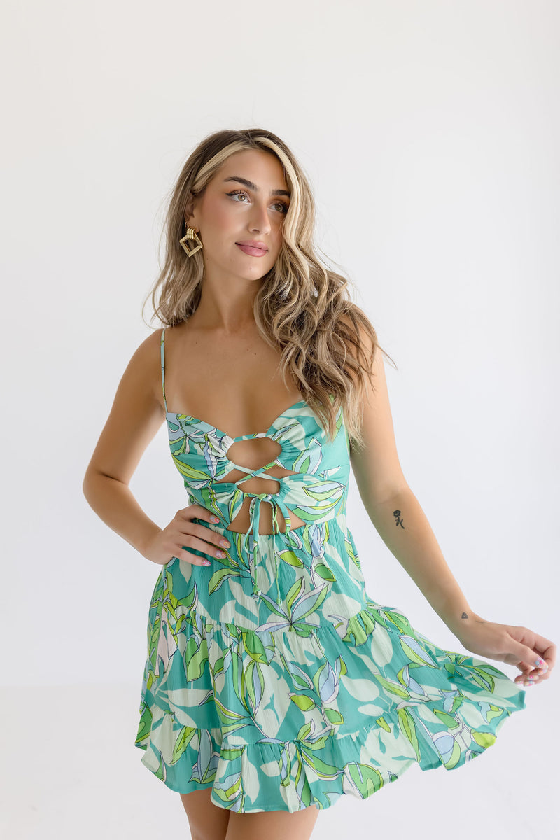  Sleeveless Cut Out Tropical Print Mini Dress Teal