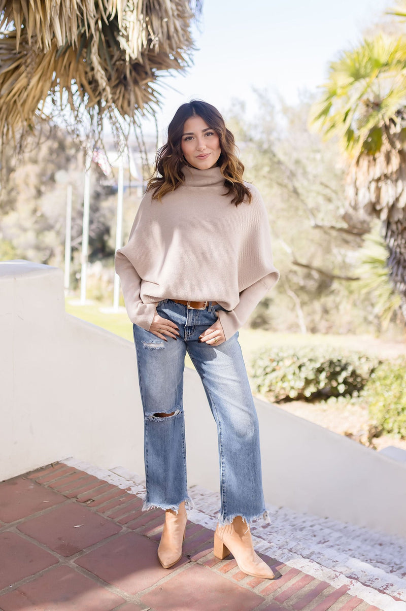 Long Sleeve Slouched Funnel Neck Sweater Tan