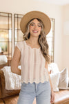 Short Sleeve Crochet Scalloped Top Ivory