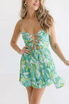  Sleeveless Cut Out Tropical Print Mini Dress Teal