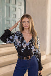  Long Sleeve Floral Print Top Black