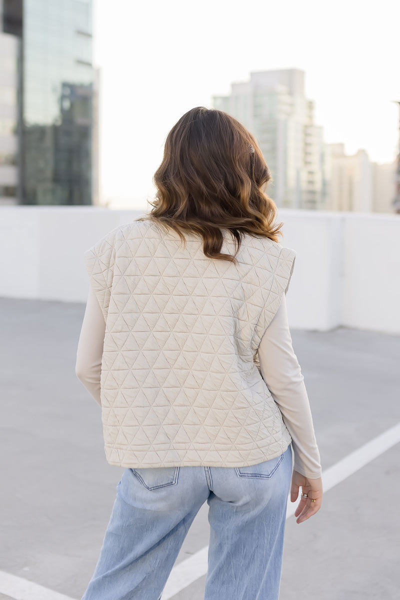 Sleeveless Button Down Quilted Vest Nude