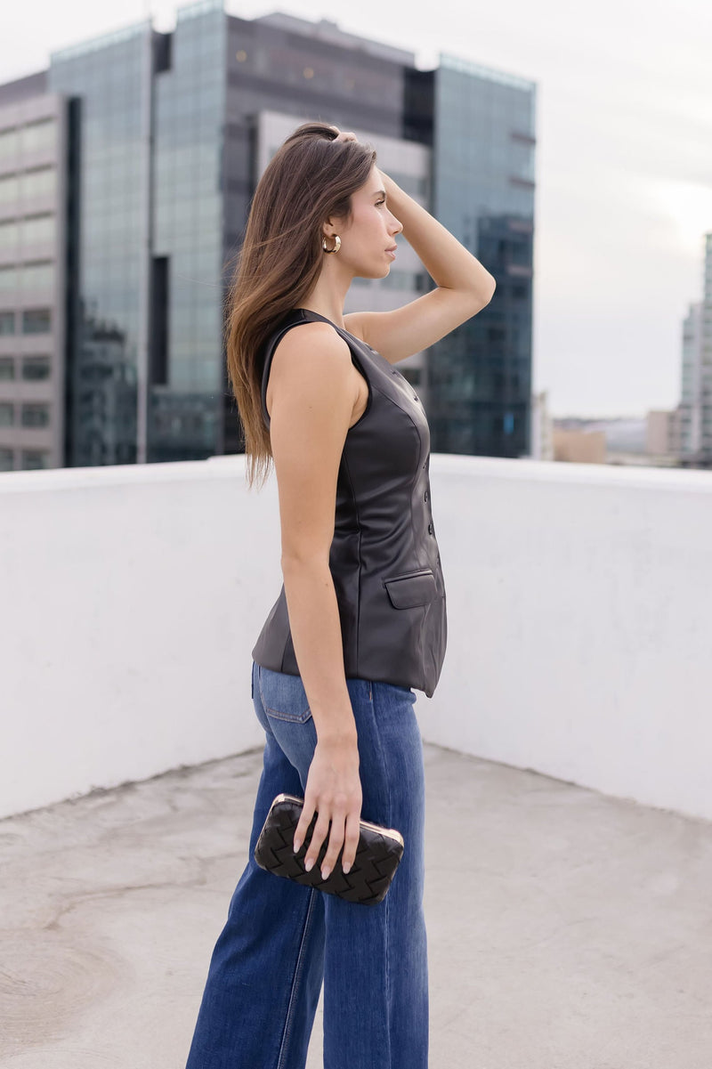 Sleeveless Vegan Leather Button Down Vest Black