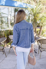 Long Sleeve Drawstring Utility Denim Jacket Medium Wash