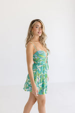  Sleeveless Cut Out Tropical Print Mini Dress Teal