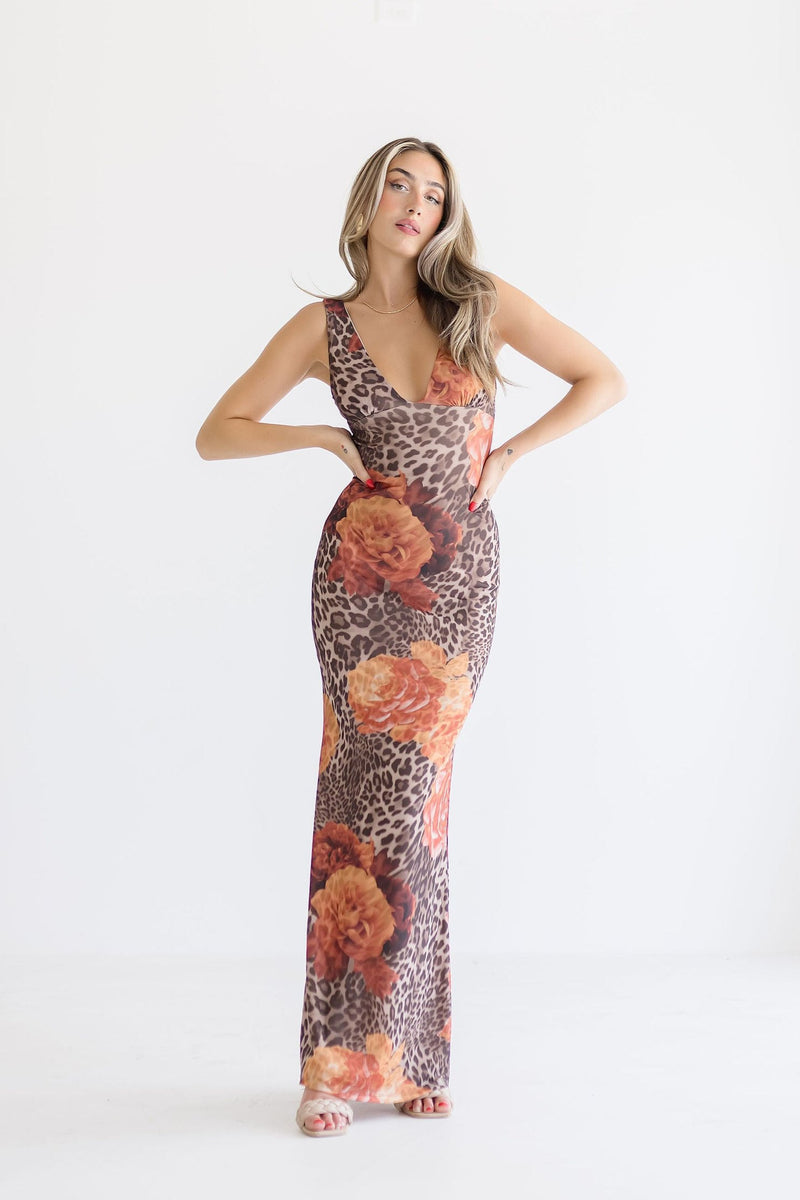 Sleeveless Leopard Floral Print Maxi Dress Brown