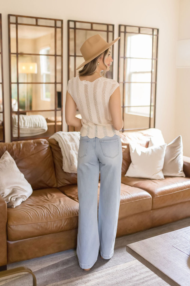 Short Sleeve Crochet Scalloped Top Ivory