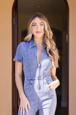 Short Sleeve Zip Up Flare Leg Denim Jumpsuit Medium Wash