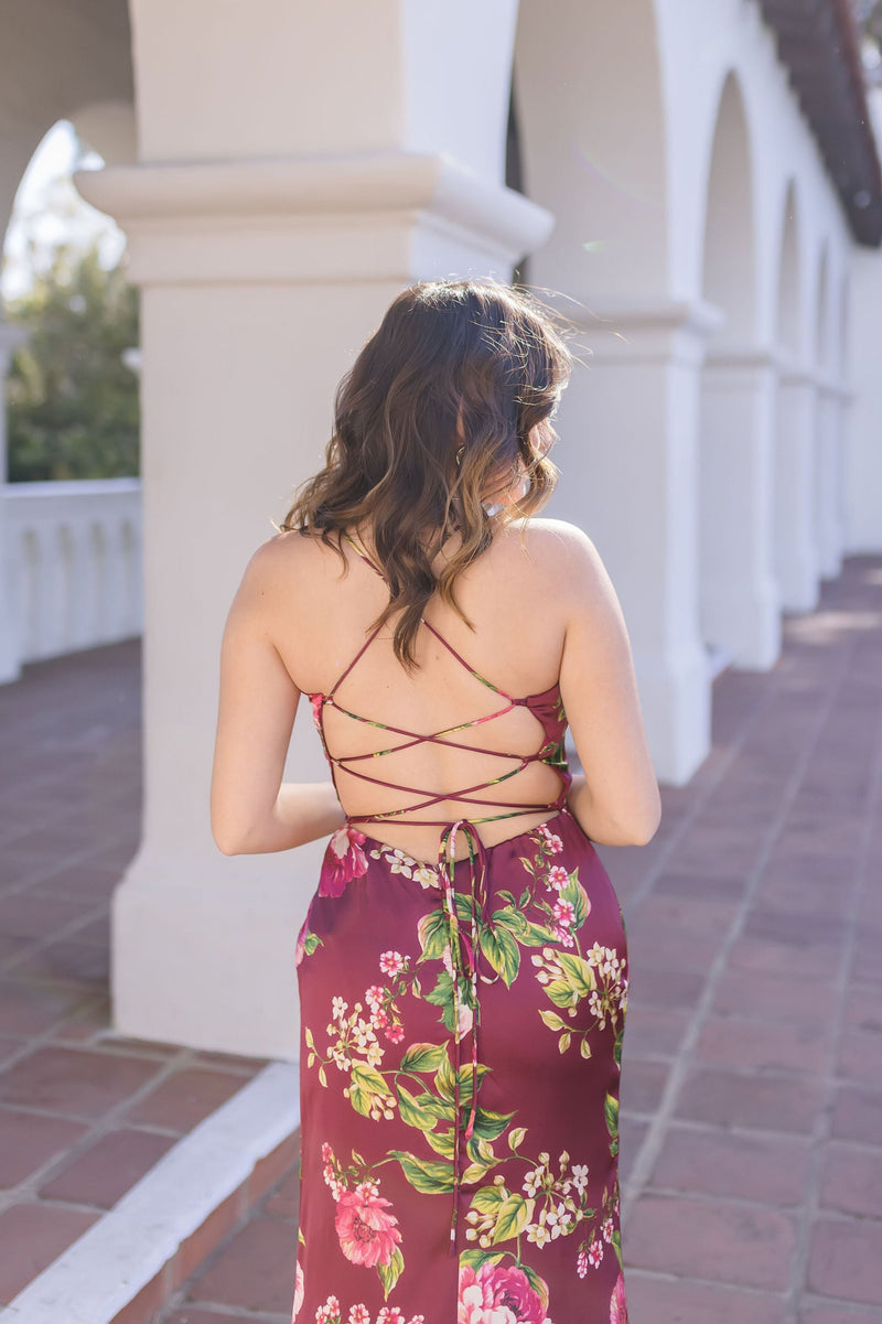 Sleeveless Back Tie Floral Print Maxi Dress Burgundy