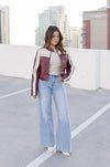 Vegan Leather Cropped Color Block Moto Jacket Burgundy