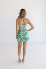  Sleeveless Cut Out Tropical Print Mini Dress Teal