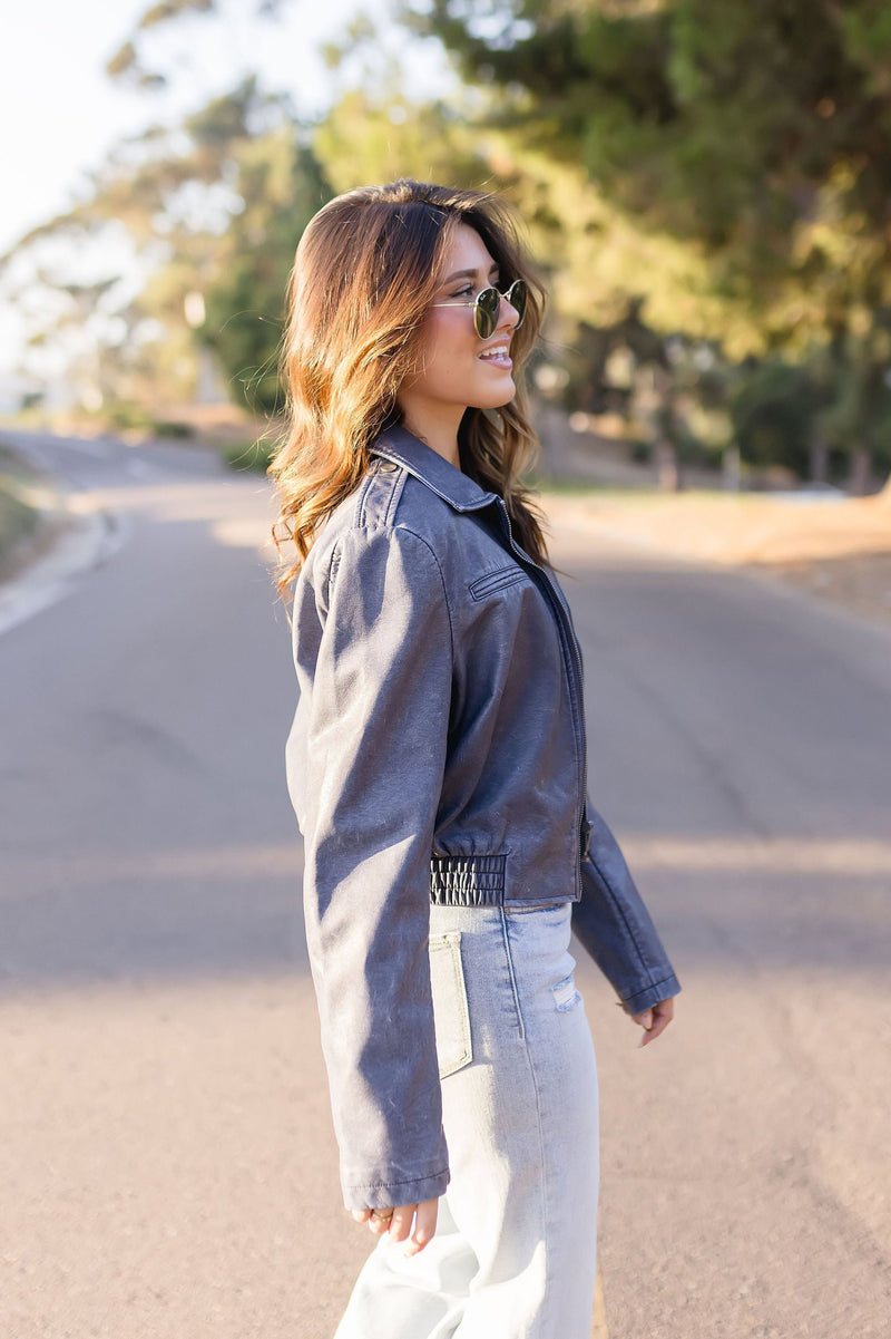 Vegan Leather Cropped Bomber Jacket Navy