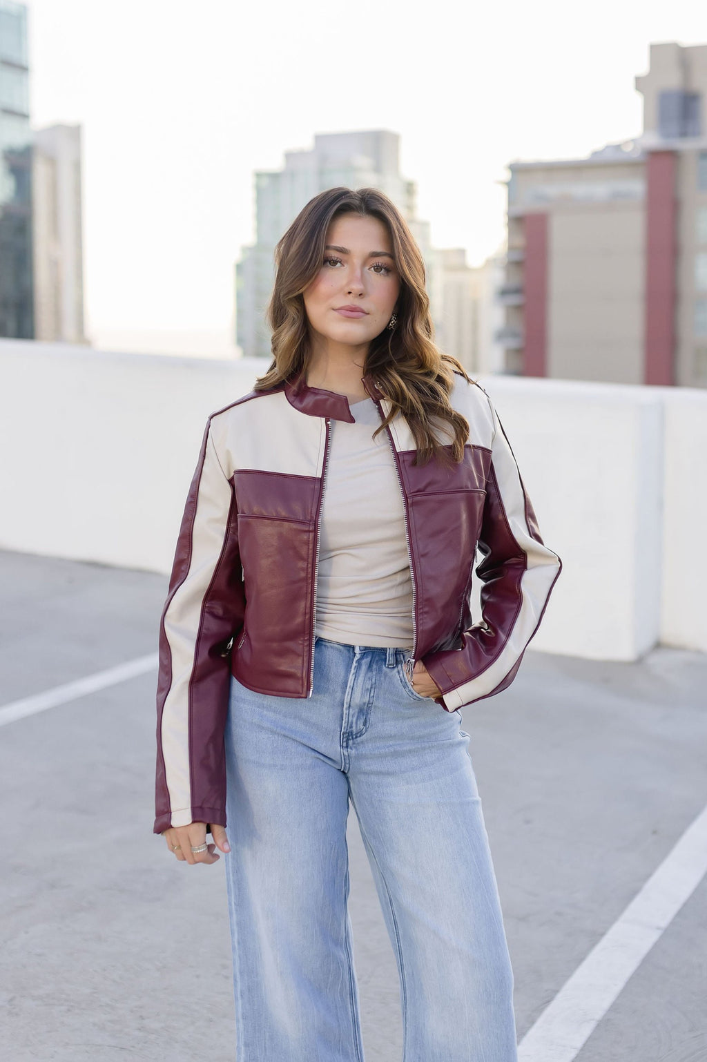 Vegan Leather Cropped Color Block Moto Jacket Burgundy