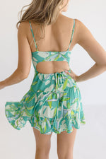  Sleeveless Cut Out Tropical Print Mini Dress Teal