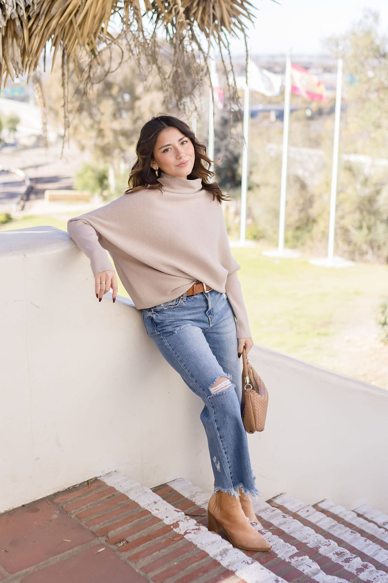 Long Sleeve Slouched Funnel Neck Sweater Tan