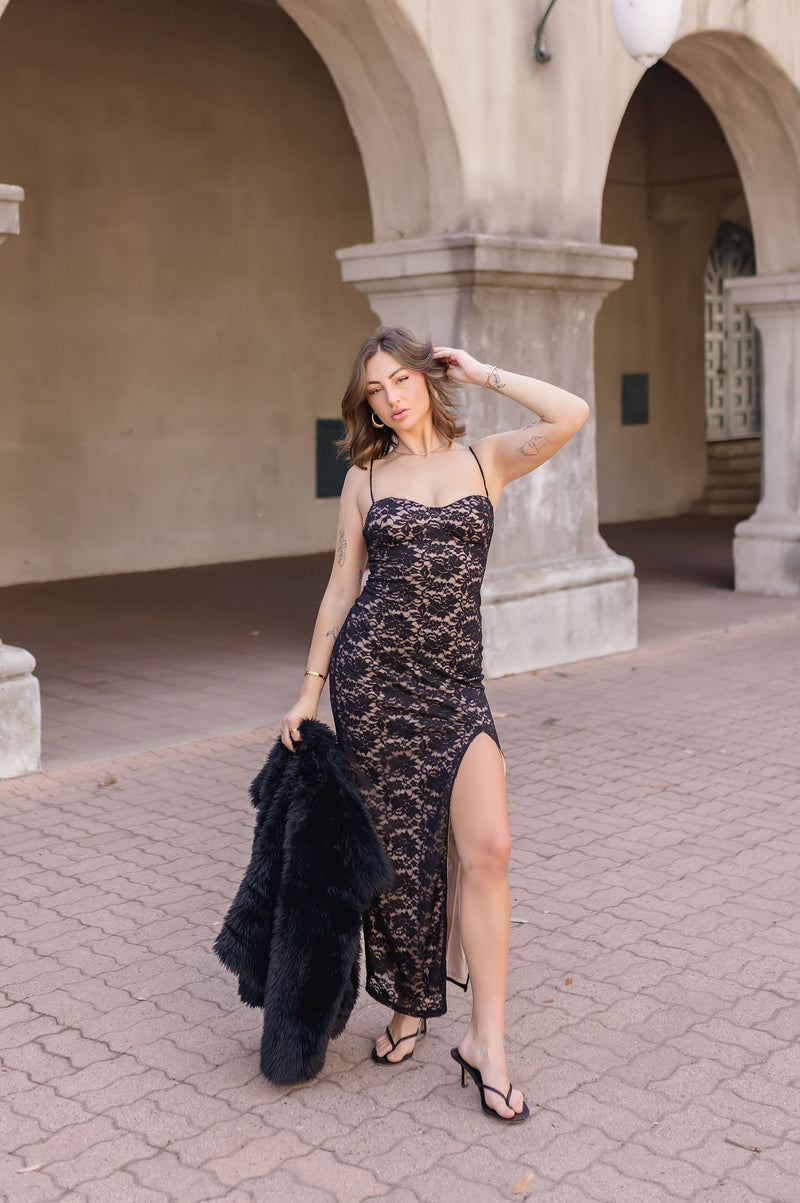 Sleeveless Floral Lace Maxi Dress Black