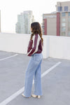 Vegan Leather Cropped Color Block Moto Jacket Burgundy