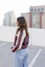 Vegan Leather Cropped Color Block Moto Jacket Burgundy