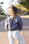 Vegan Leather Cropped Bomber Jacket Navy