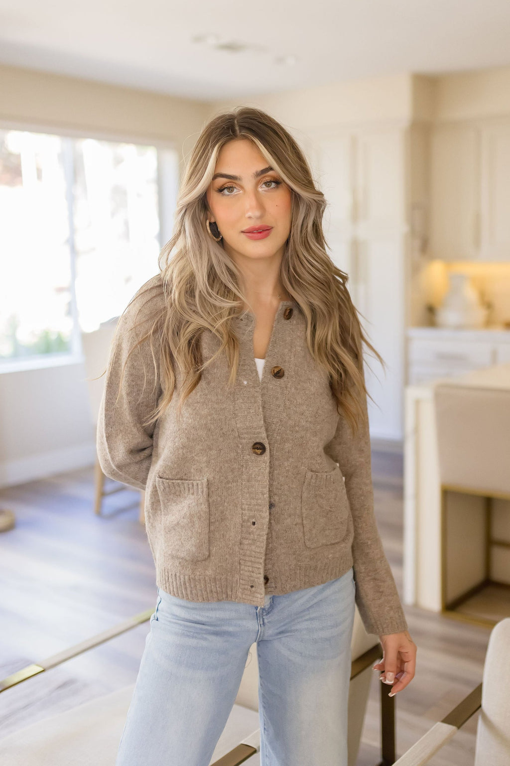 Long Sleeve Button Down Wool Cardigan Taupe