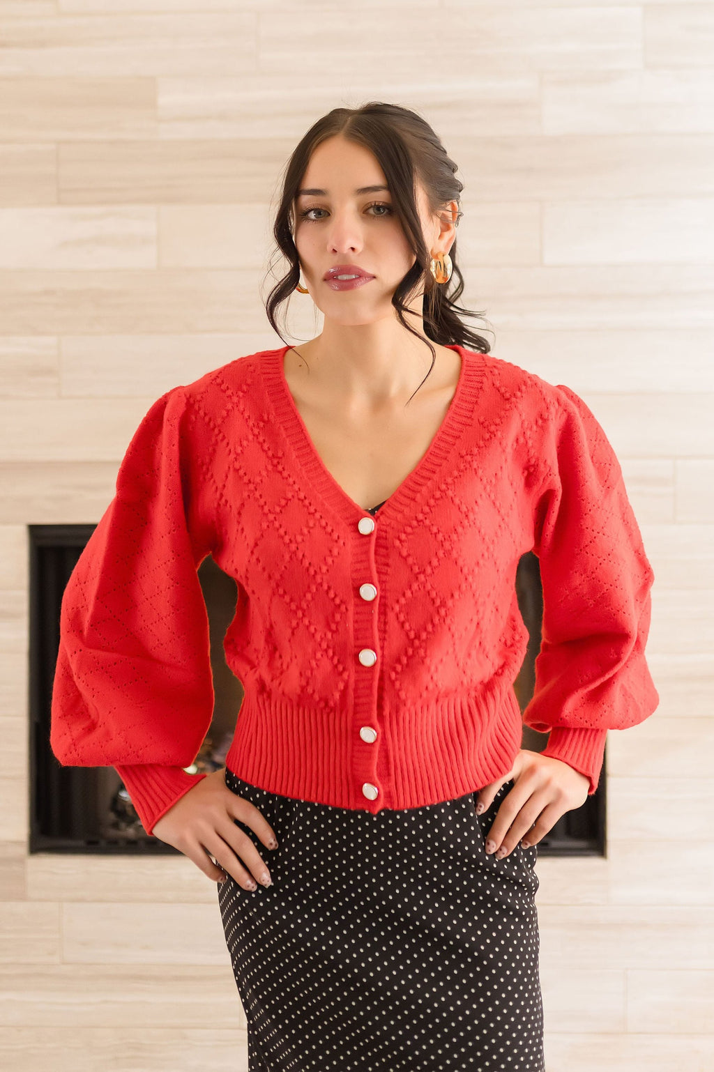 Long Balloon Sleeve Textured Cropped Cardigan Red