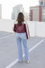 Vegan Leather Cropped Color Block Moto Jacket Burgundy