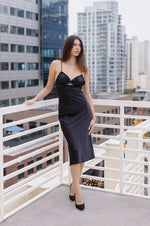 Sleeveless Bow Cut Out Satin Midi Dress Black