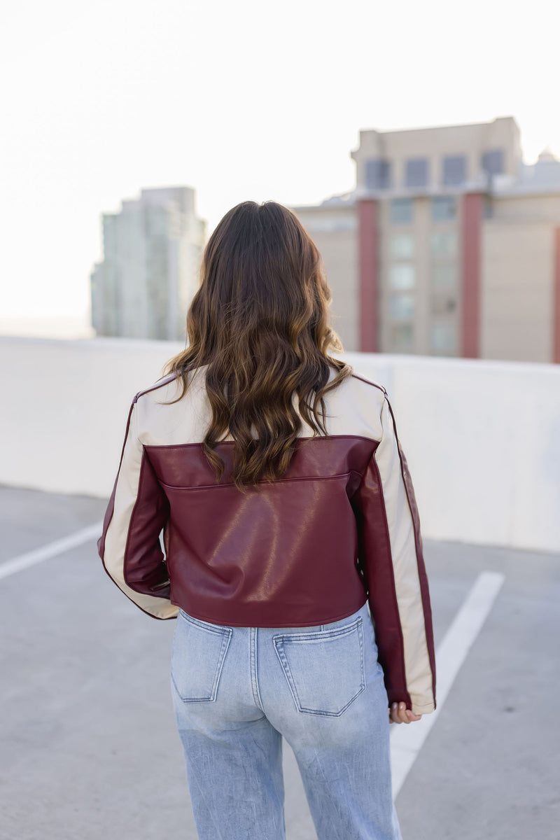 Vegan Leather Cropped Color Block Moto Jacket Burgundy