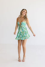  Sleeveless Cut Out Tropical Print Mini Dress Teal